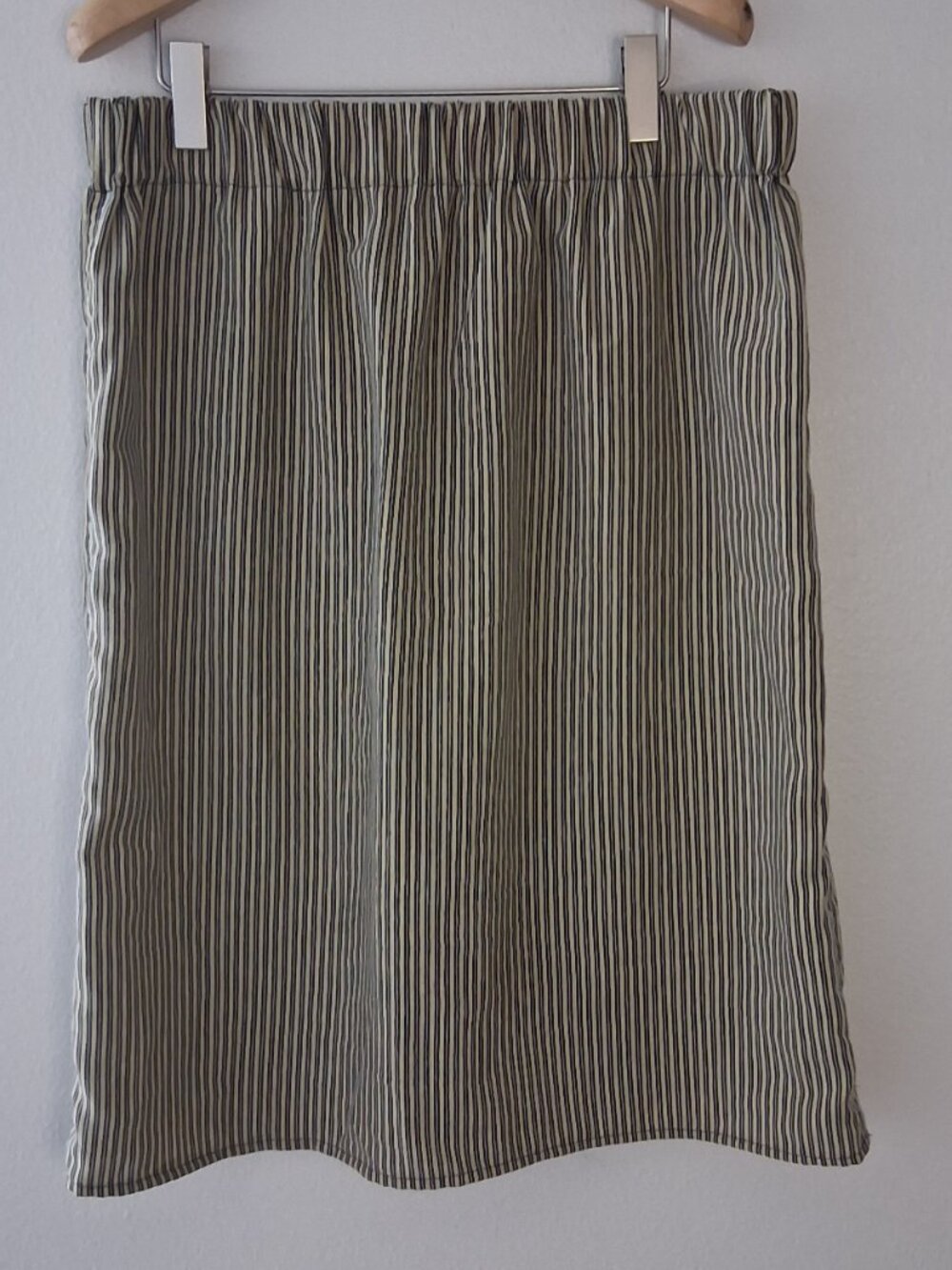 Handmade Upcycled Black Cream Stripe Ticking Elastic Waist Midi Skirt L-XL